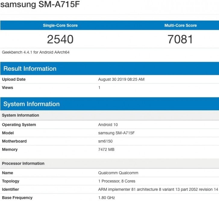 Samsung Galaxy A71 Geekbench