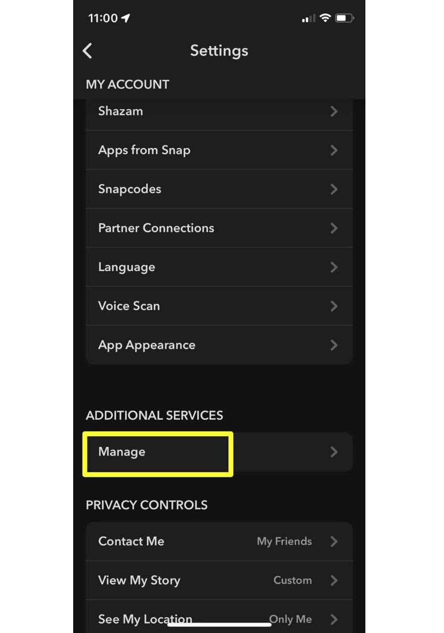 Tap manage section on snapchat