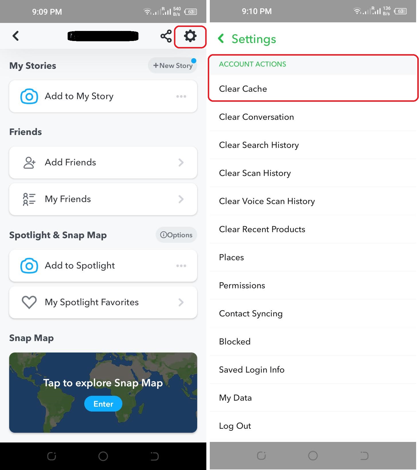 snapchat clear cache