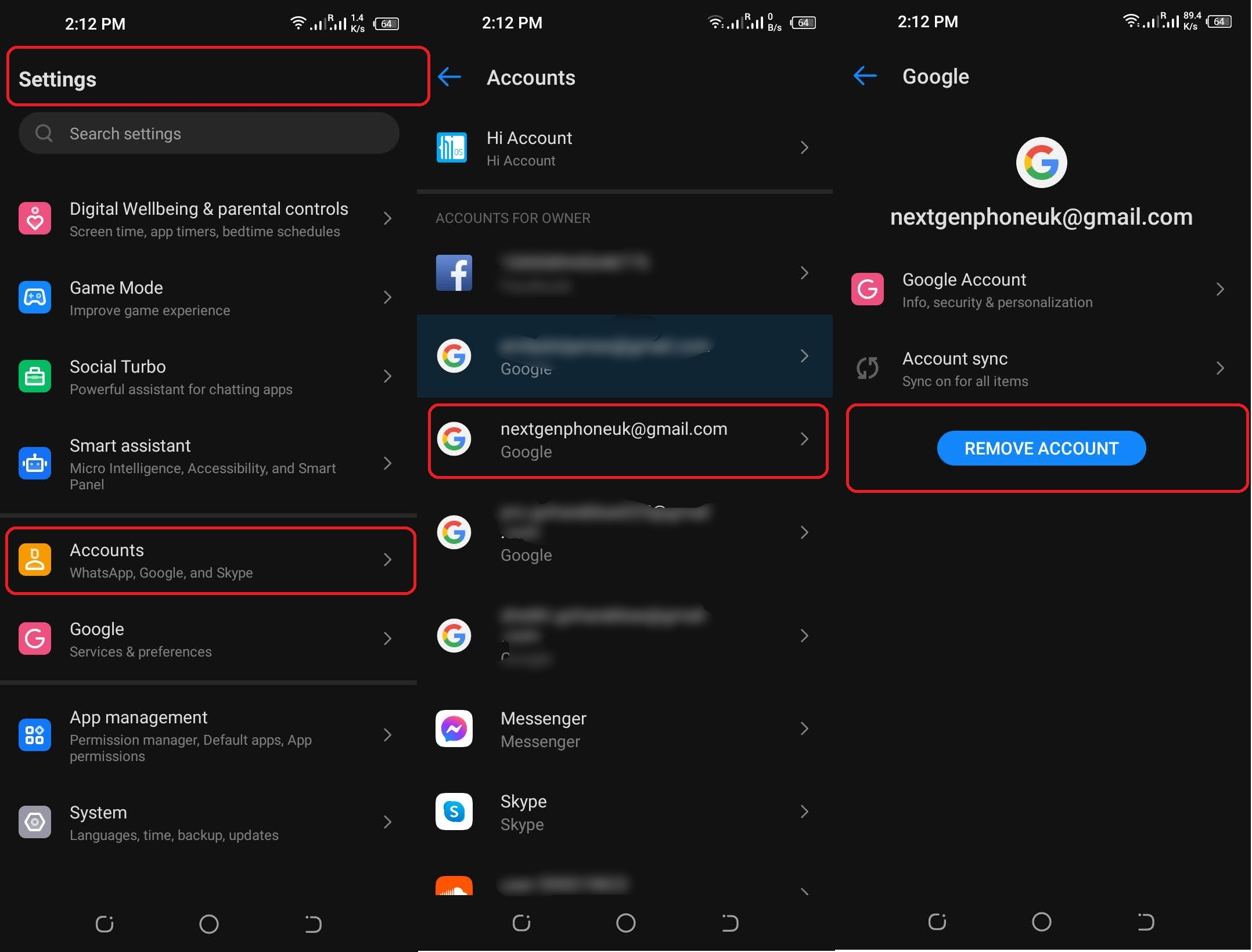 Remove account from android
