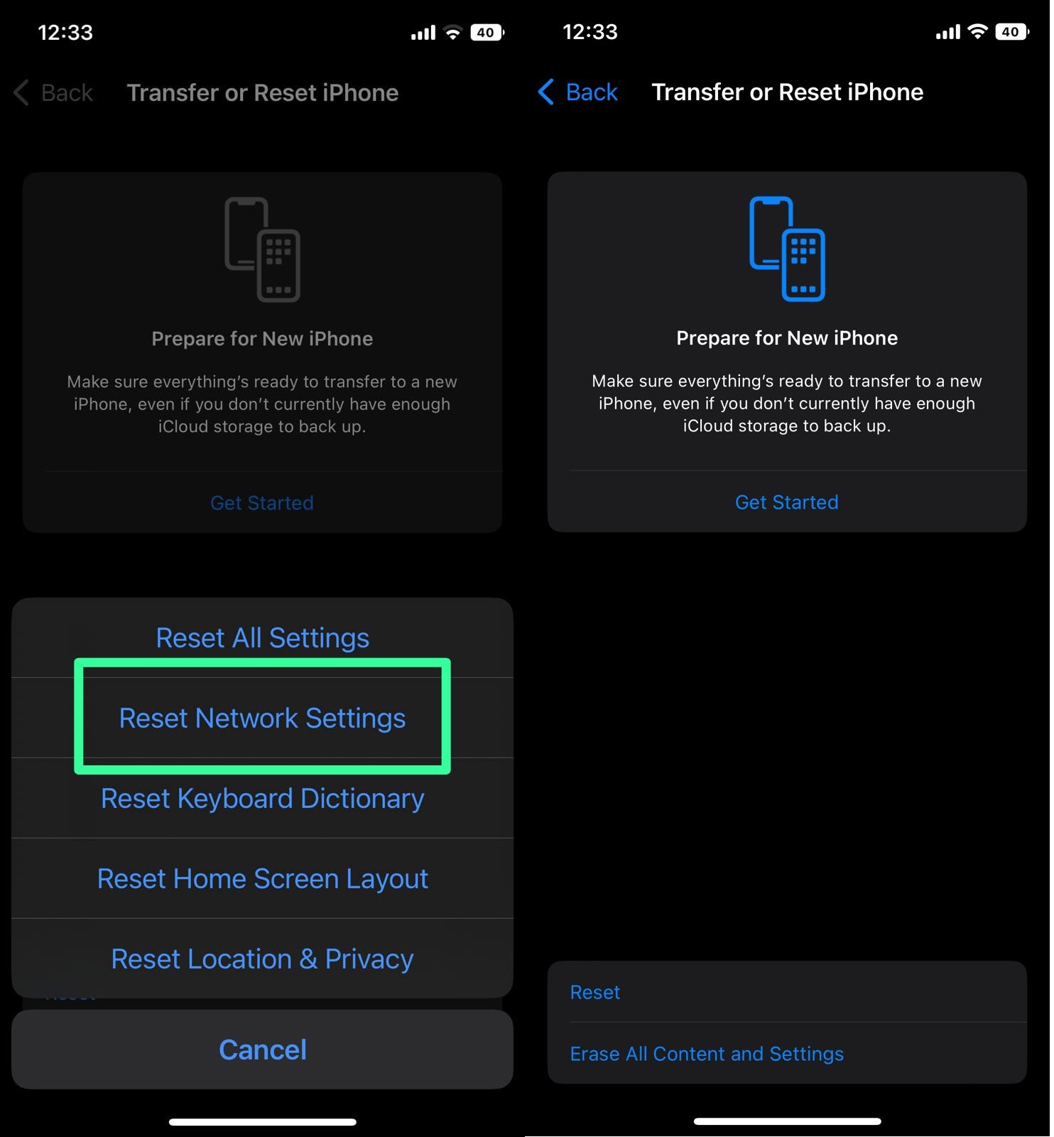 reset network iPhone fig ii