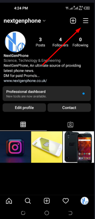 Click on Hamburg Button - two way authentication instagram