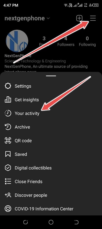 Tap on Menu Icon and Tap on Your Activity