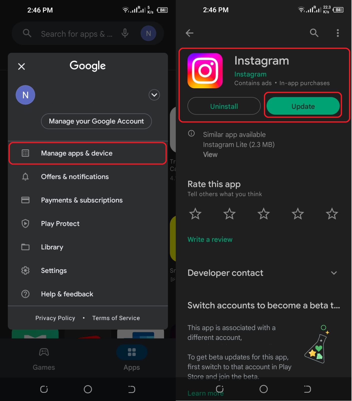 check Instagram app updated from playstore