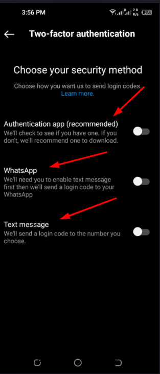 choose the methods - Two way authentication instagram
