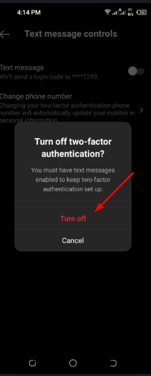 confirm to turn off - two way authentication instagram