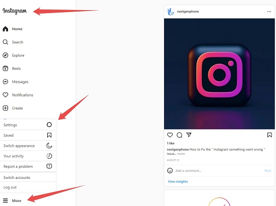 go to instagram and click over setting from web browser