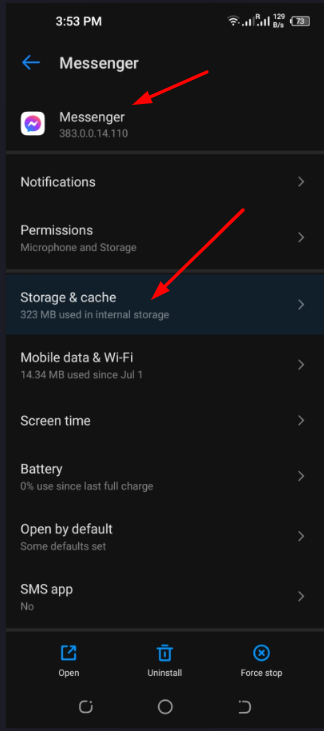 go to messenger cache and storage