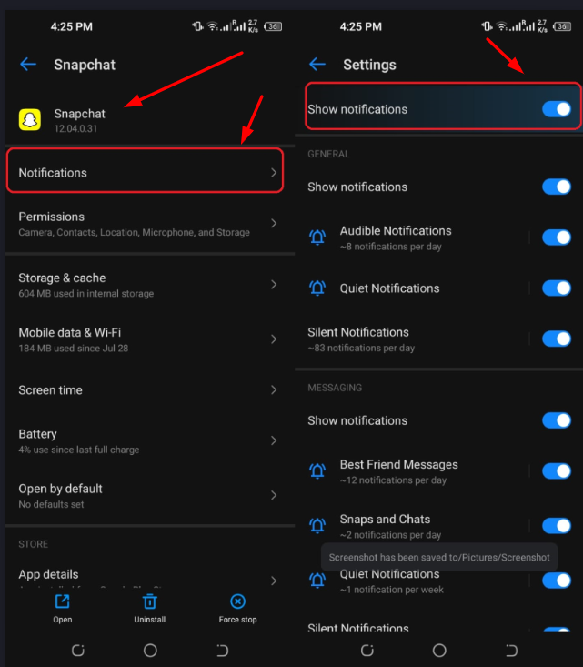snapchat notification from app management
