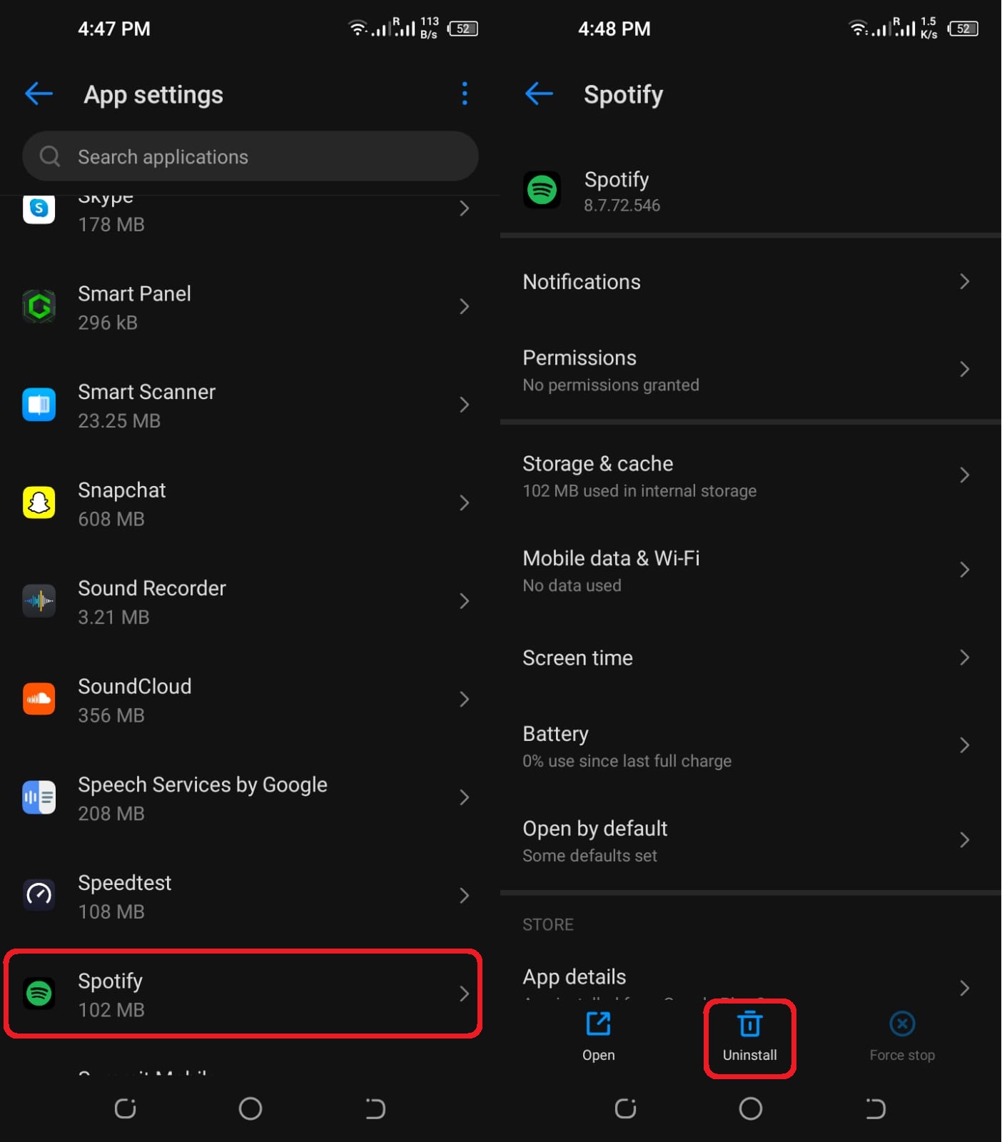uninstall and reinstall Spotify App