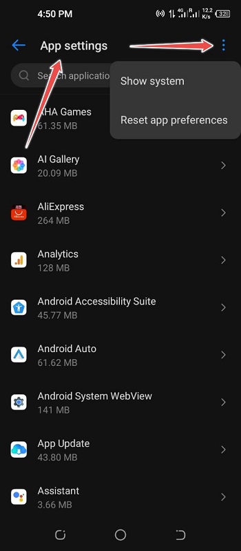 app settings and click over 3 dots - ui not responding