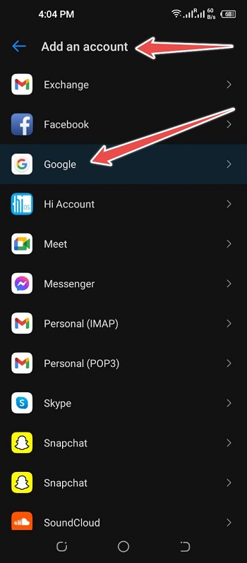 choose google from accounts