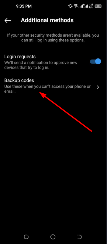 click backup codes