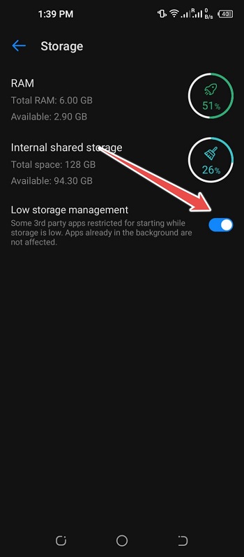 enable the low storage toggle button