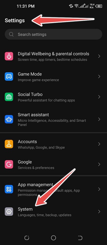 go to settings and system