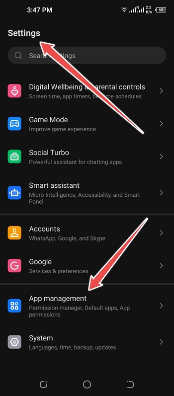 tap on settings and apps manageemnt