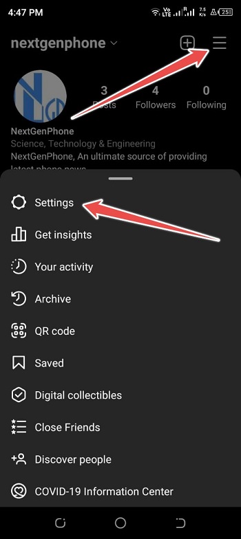 Hamburger Menu and Go to Settings