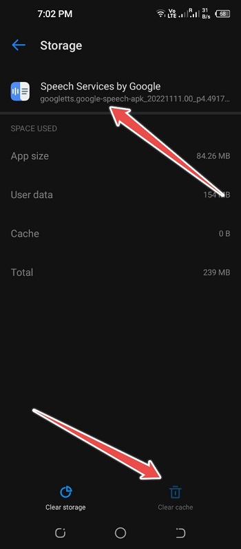 Open Storage and Tap on Clear Cache - Speech Search