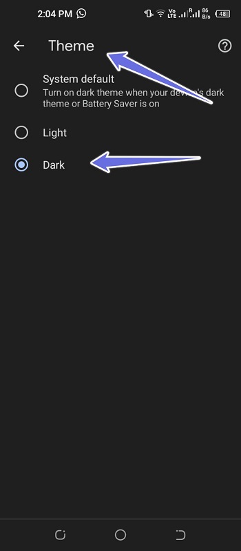 choose dark from themes