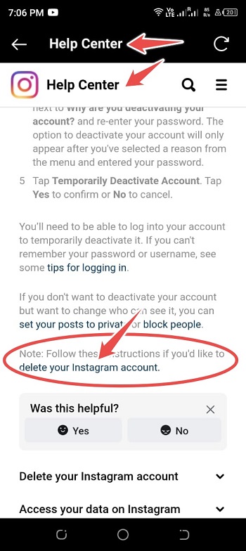 click delete your instagram account link
