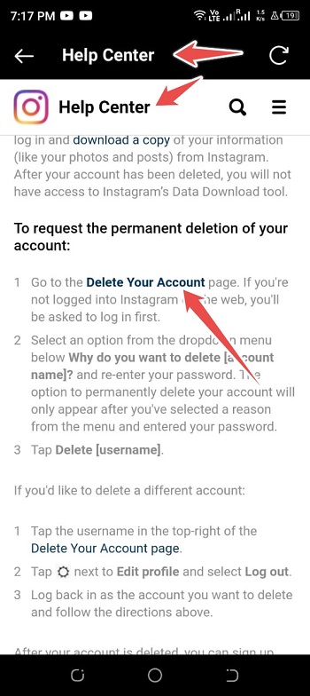 click over delete your account link from phrase