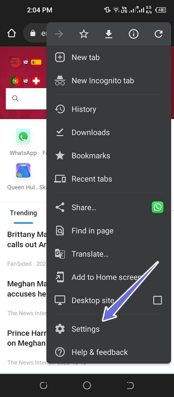 click over settings from drop down menu