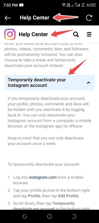 click temporary delete your account