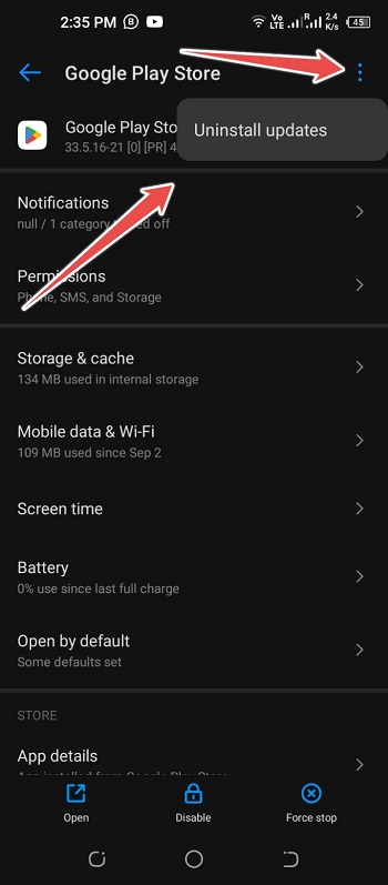 click uninstall updates - android 10