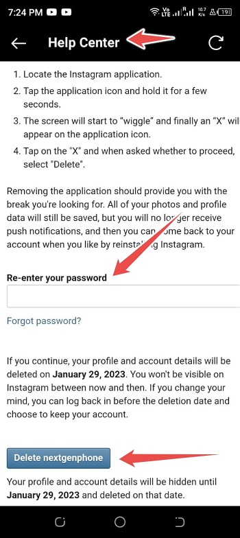 enter password and hit delete account button