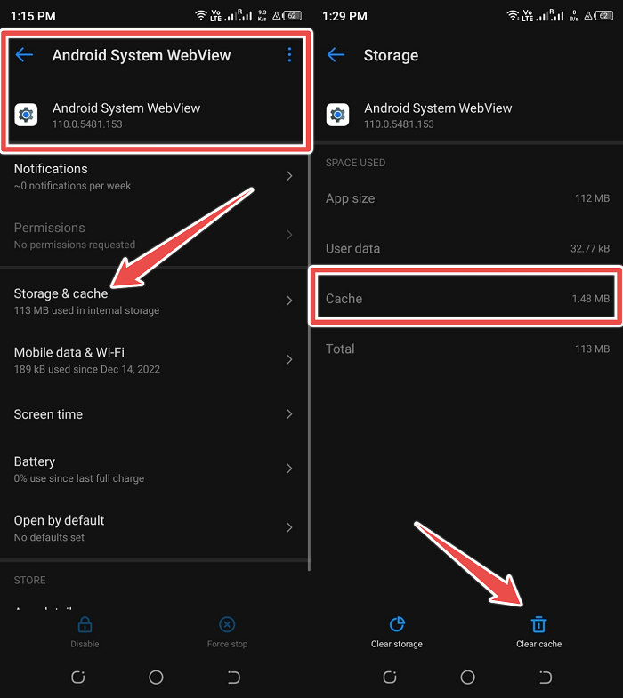 Clear cache android webview system