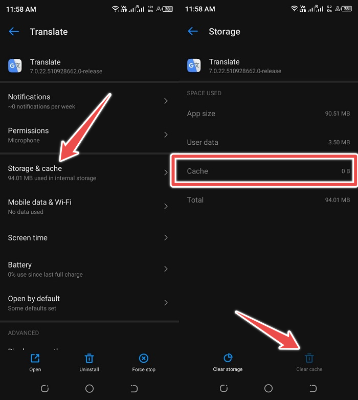 Clear google translate app cache and cookies