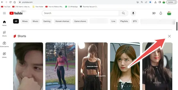 Click X button - disable youtube shorts