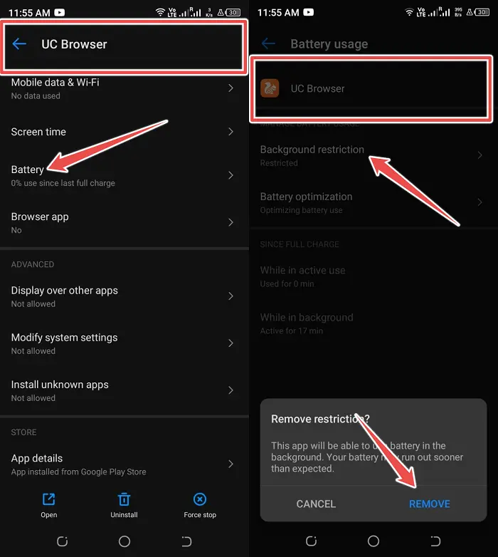 Disable Battery Optimization of UC Browser