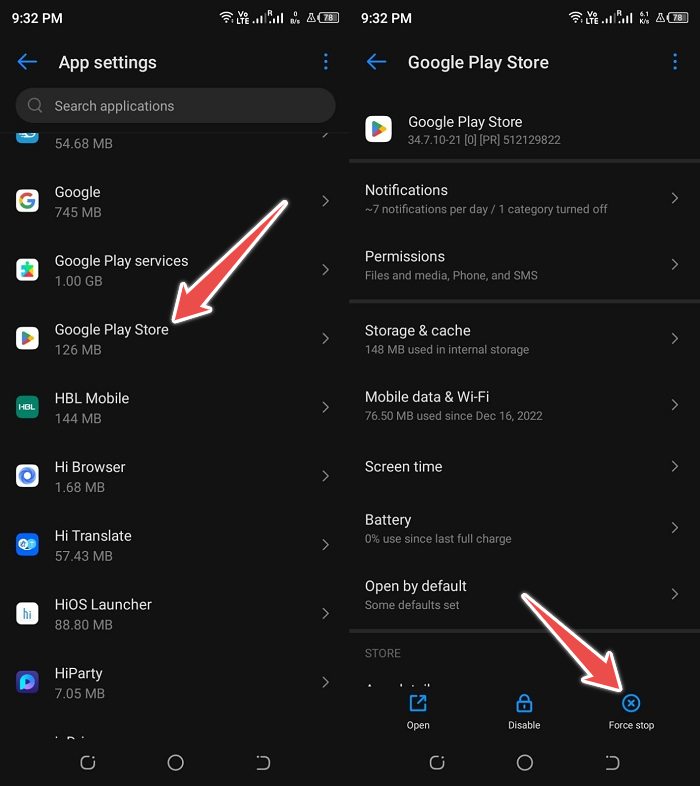 Force stop the Google Play Store app