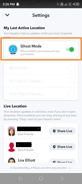 Ghost mode on snapchat