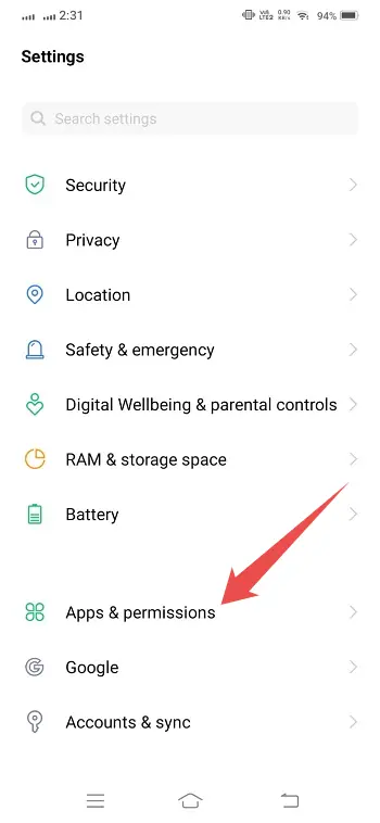 Settings and Locate Apps & permissions