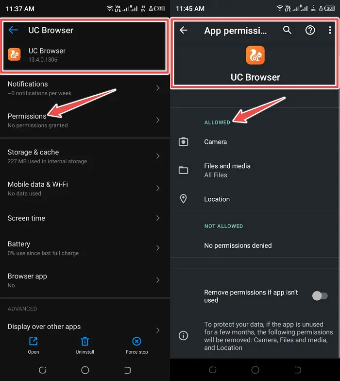 allow permission on UC Browser