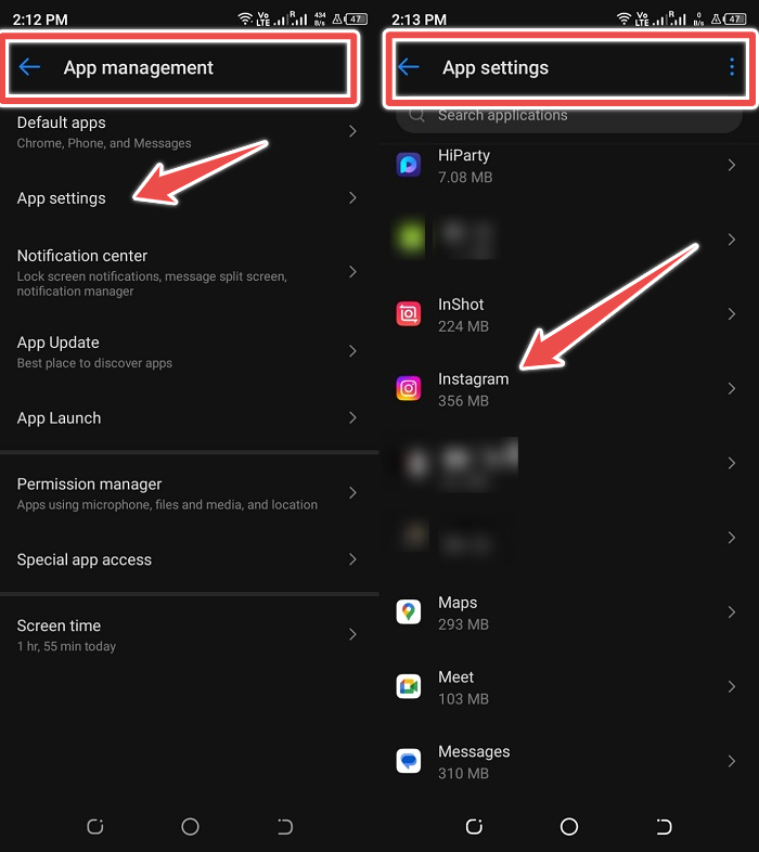 apps settings and choose Instagram