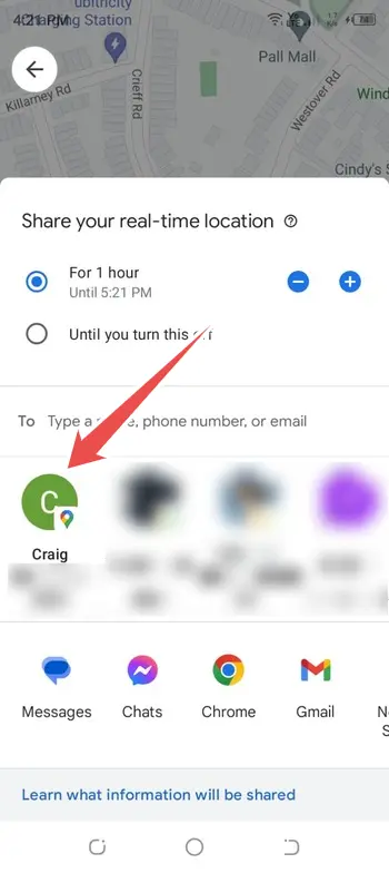 choose person you want to share location - track phone number using google maps