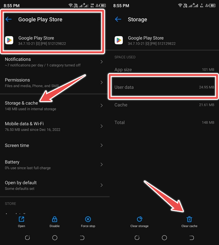 clear cache of google play store