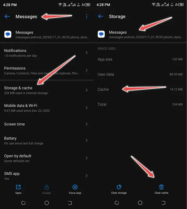 clear cache of messages app