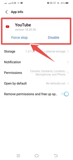 click force stop - youtube crashing android