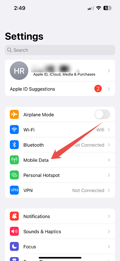 click on mobile data on iPhone