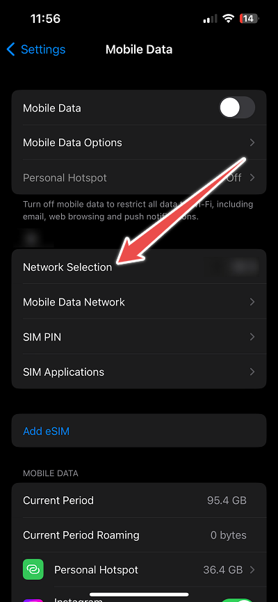 Click over network selection on iPhone