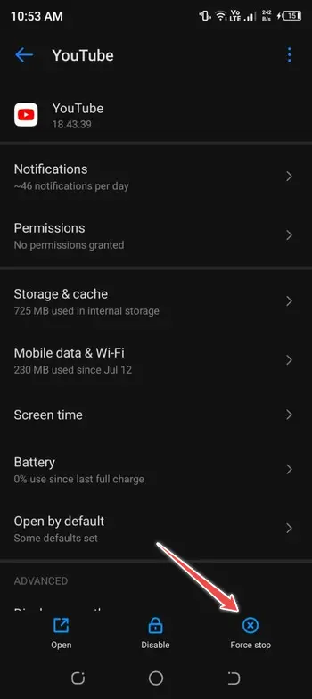 force stop youtube app - youtube not working android