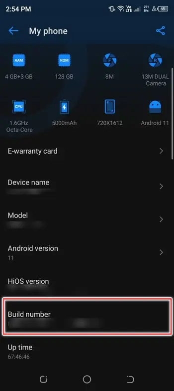 locate build number - enable developer mode android