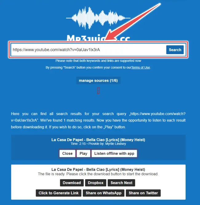 paste URL into mp3juices search bar - mp3juice review