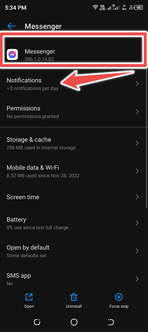 tap on app info and go to notifications - messenger notifications not working