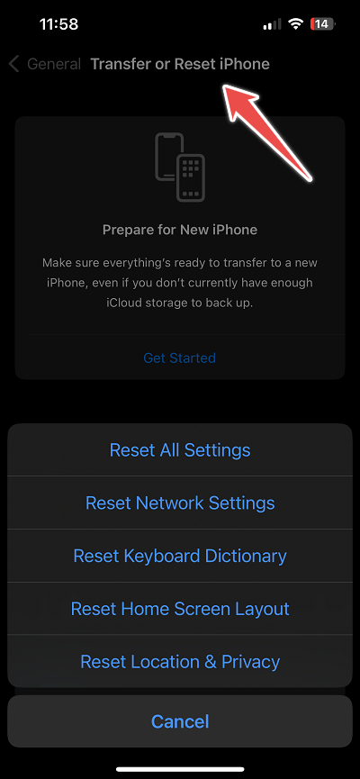 transfer or reset iPhone Settings
