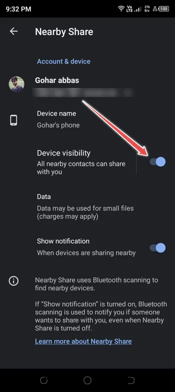 turn on nearby device availability - transfer data from android to android